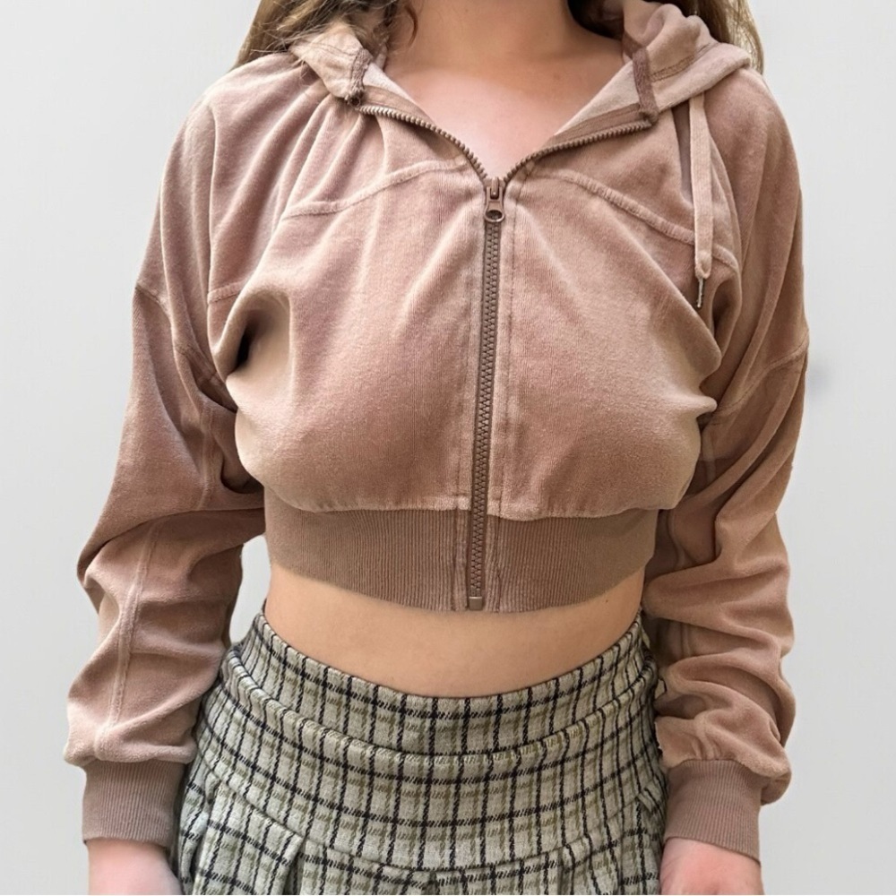 RSQ Recycled Neutral Brown Tan Velour Crop Full Zip Up Hoodie Size Large